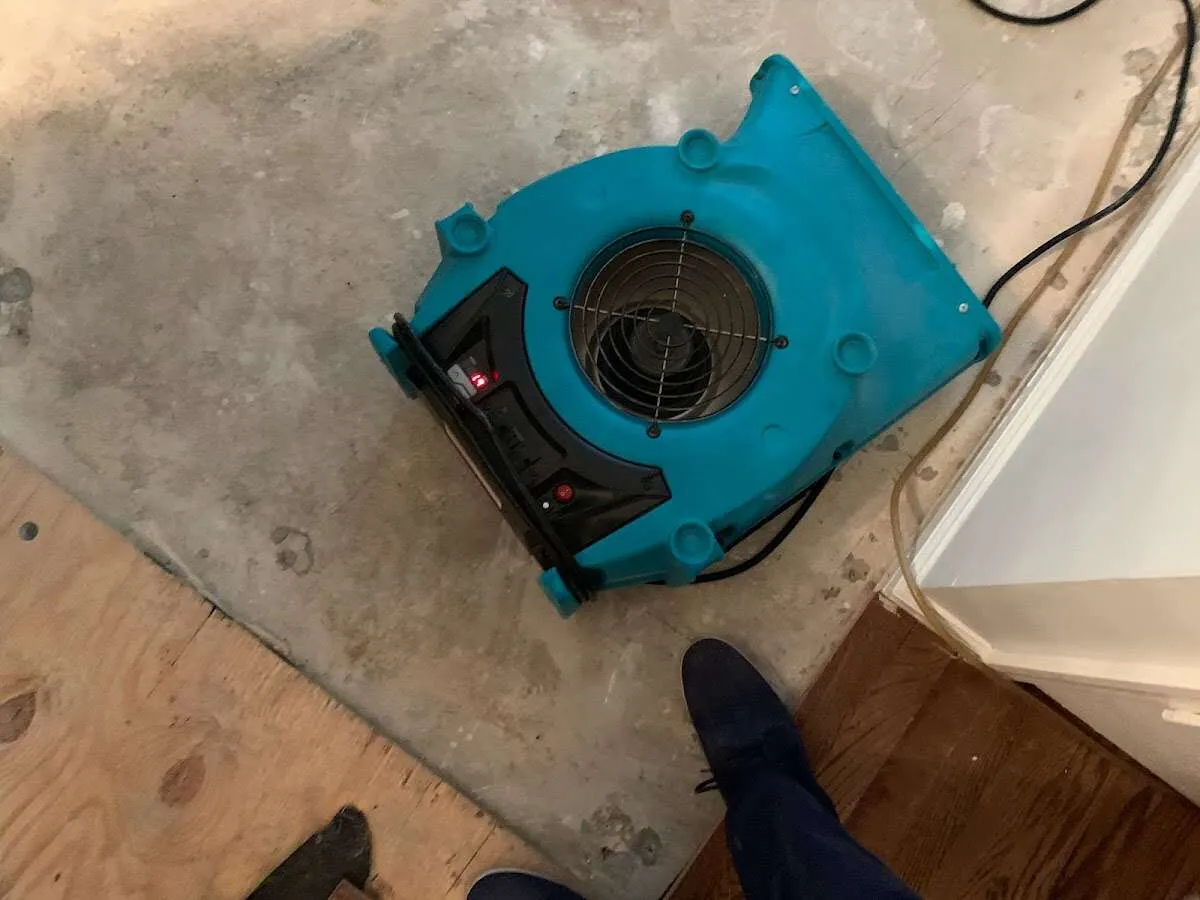 Air mover drying subfloor during Commercial Water Damage Restoration in Whittier